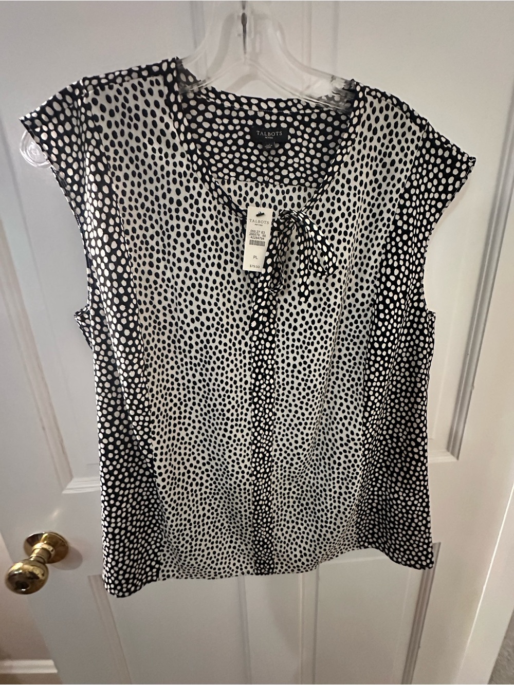 Talbots Black and White Polka Dot Cap Sleeve Tie-Neck Top
